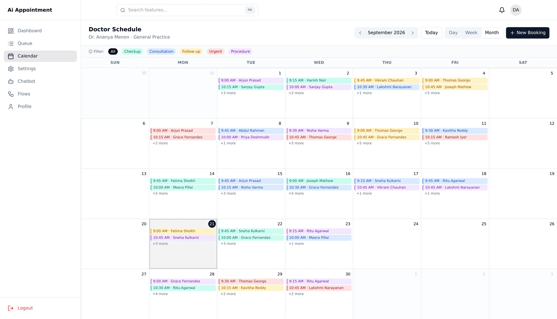 The Doctor Schedule calendar in month view: appointments colour-coded by type across every working day, with the 24th and 25th left blank as marked leave.