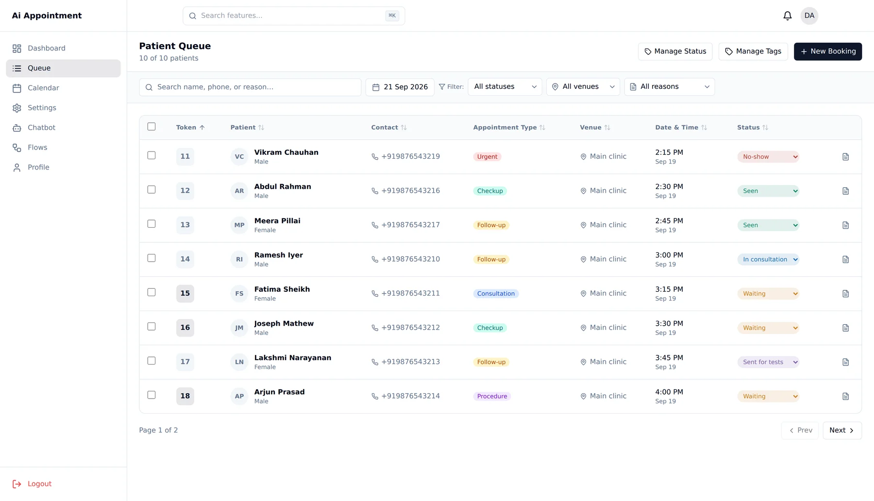 The Patient Queue screen: ten patients listed by token number with name, age, contact, venue, appointment time and an editable status dropdown showing Waiting, In consultation, Sent for tests, Seen and No-show.
